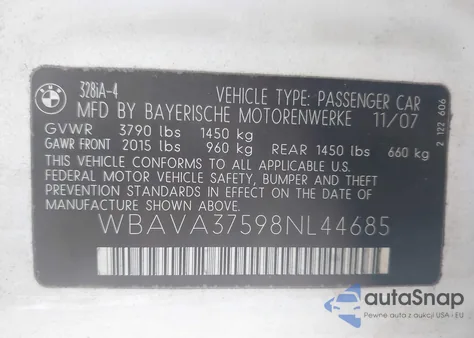 2008 BMW 328I from USA, damaged, VIN WBAVA37598NL44685